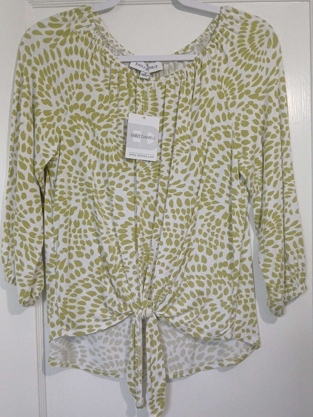 Emily Daniels White & Olive Green Tie-Front Blouse NWT
